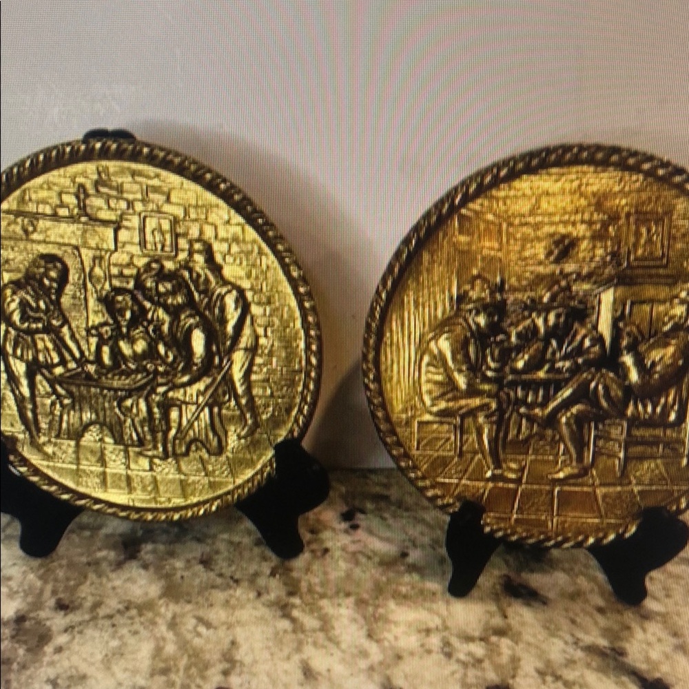 Vintage Brass Wall Plaques Set of 2 Tavern Scene Embossed Metal Art Decor